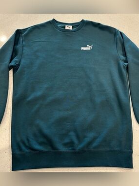 Puma Men's Teal Crewneck Pullover, White Logo on Front, Silver & White on Back